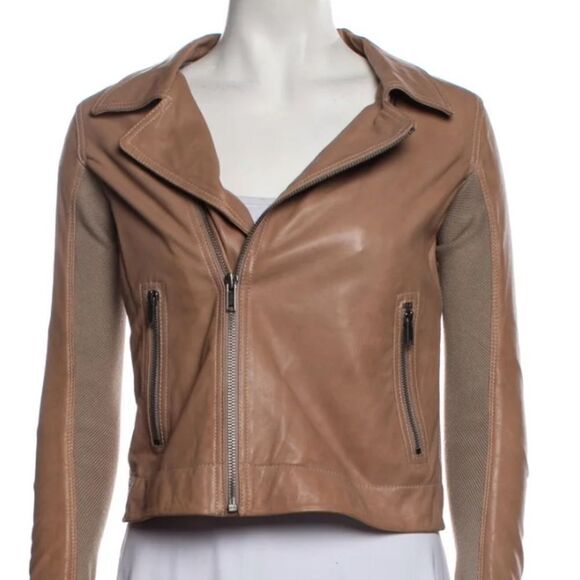 June Brown Leather Biker Moto Jacket Coat Wool Blend Knit Sleeve Size M - Picture 15 of 15